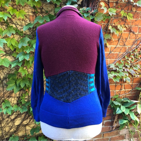 Upcycled Patchwork Keystone Sweater Blue Burgundy Medium Zip Up Fall Winter - Picture 3 of 6